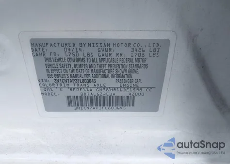 2015 Nissan Versa 1.6 S/1.6 S+/1.6 Sl/1.6 Sv from USA, damaged, VIN 3N1CN7AP3FL803645